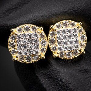 Yellow Gold Sterling Silver Iced Cz Men's Round Hip Hop Stud Earrings
